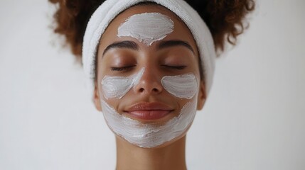 Self-Care Ritual: A young woman with curly hair, wearing a white headband, serenely enjoys a luxurious face mask, eyes closed in peaceful relaxation.