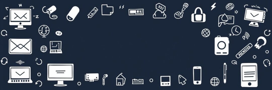 Hand drawn doodles of technology items computers smartphones coding symbols playful layout generative AI, doodles, stock photo