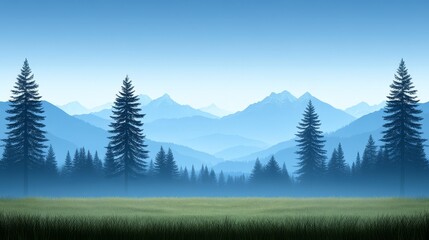 Fototapeta premium Serene mountain landscape with evergreen trees and a misty meadow