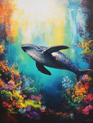 Obraz premium majestic whale swims gracefully through vibrant coral reef, showcasing colorful marine life and sunlight filtering through water