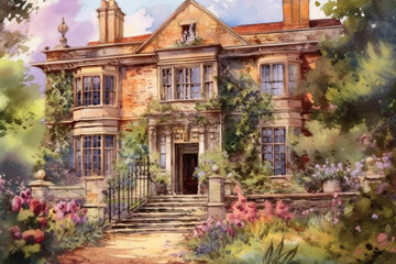 Fototapeta premium old medieval park in English style, watercolor,.Generative AI