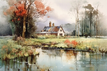 Fototapeta premium old medieval park in English style, watercolor,.Generative AI