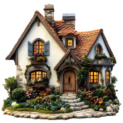 Charming Cottage with Stone Steps and Window Boxes Isolated on Transparent Background