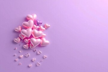 Obraz premium A series of semi-transparent and sparkling 3D heart shapes floating next to, on a soft lavender color background.
