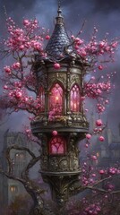 Fototapeta premium Enchanting Gothic Lantern Tower Adorned with Blossoming Cherry Trees