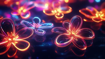 These luminous flowers, in shades of purple, pink, and blue, gently flicker like stars in the night sky, casting delicate beams of light across the darkened background.