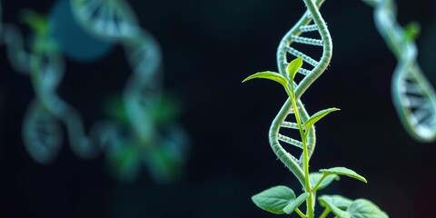 Graphic of a plant intertwined with DNA, symbolizing advancements in synthetic biology, concept, research