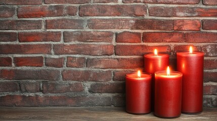 Naklejka premium Red candles on a wooden surface against a rustic brick wall.