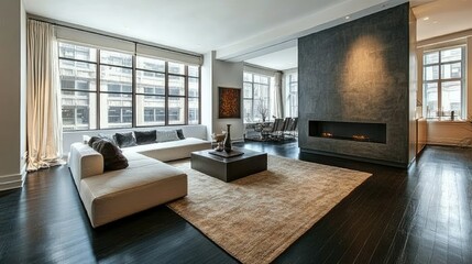 Fototapeta premium Modern Loft Apartment Interior Design with Fireplace and Large Windows