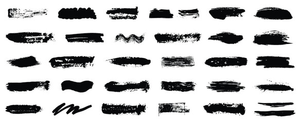 Collection of vector paint brush stroke, ink splatter, grunge line and artistic design elements. Dirty overlay, watercolor splash, black silhouette and torn paper set. Social media business banner art