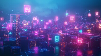 Obraz premium Neon Cityscape: A Futuristic Digital Metropolis in Vibrant Hues