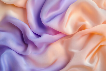 Fototapeta premium Gentle lavender and peach fluid fabric layers forming wavy abstract patterns with light reflections, ideal for elegant backgrounds and branding purposes