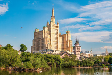 The view on the residential Stalinist high-rise building on Kudrinskaya Square. It is the one of...