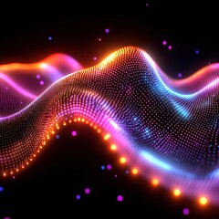 A vibrant, abstract wave of colorful dots and lights, representing digital art or sound waves in a dark background.