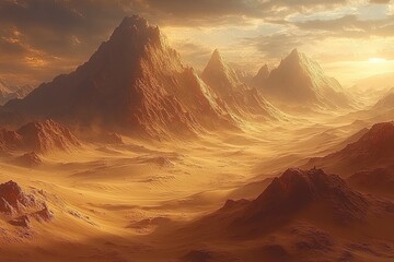 Naklejka premium A breathtaking desert landscape with majestic mountains under a dramatic sky, evoking a sense of adventure and exploration.