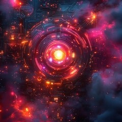 Obraz premium A vibrant, futuristic digital artwork featuring a glowing core surrounded by colorful cosmic elements.