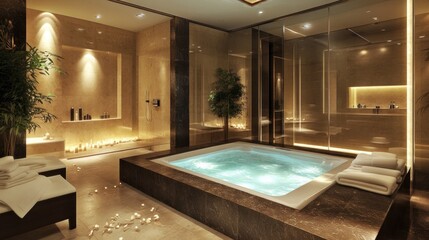 Luxurious Bathroom with Jacuzzi and Soft Lighting