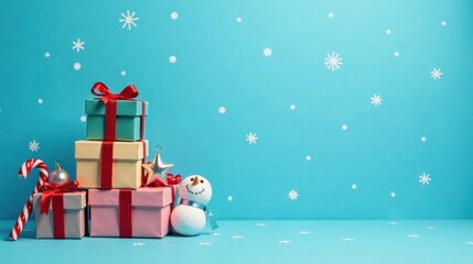 A Festive Stack of Presents with a Cheerful Snowman on a Blue Background