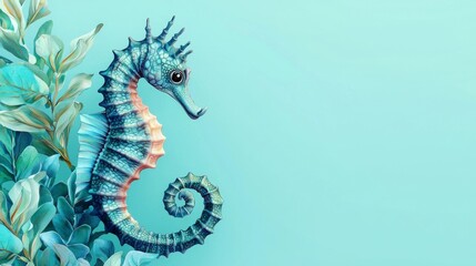 A beautifully illustrated seahorse surrounded by aquatic foliage, set against a calming turquoise background.