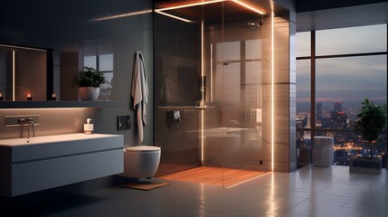A high-tech bathroom with touchless fixtures, modern tiles, and a sleek design.