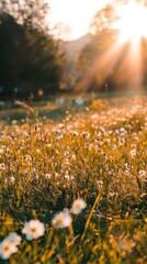 Obraz premium Golden Hour Meadow Sunlit Wildflowers Spring Bloom Nature Background