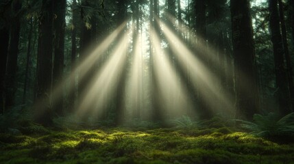 Sunbeams in the Mossy Forest Crepuscular Rays, Lush Greenery, Mystical Atmosphere, Digital Art Keywords forest, sunrays