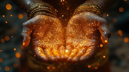 Glowing hands with intricate geometric patterns evoke a sense of magic and wonder. Ideal for fantasy art, book covers, or spiritual themes.