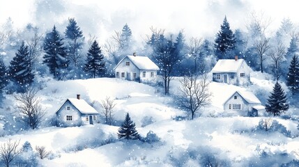 Naklejka premium Charming Winter Watercolor Houses in a Snowy Landscape, Icy Blue and White Seamless Pattern with Snow-Dusted Roofs and Trees, Perfect for Seasonal Designs