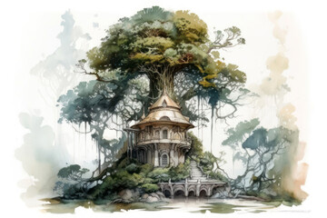 Obraz premium a fantastic house built at the base and inside a huge tree. 