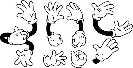 Set of cartoon hands in gloves. Retro style mascot hands. Rubber hose style hands. Vector illustration
