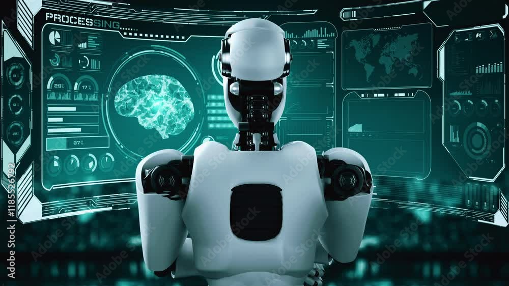 Poster thinking ai hominoid robot analyzing hologram screen showing concept of ai brain and artificial inte