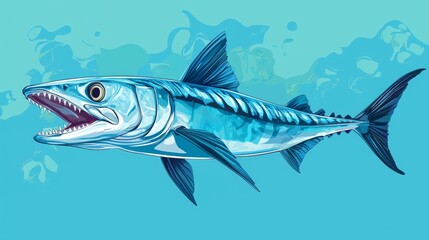 Fototapeta premium A vibrant illustration of a barracuda swimming in a blue ocean, showcasing its sharp teeth and streamlined body.