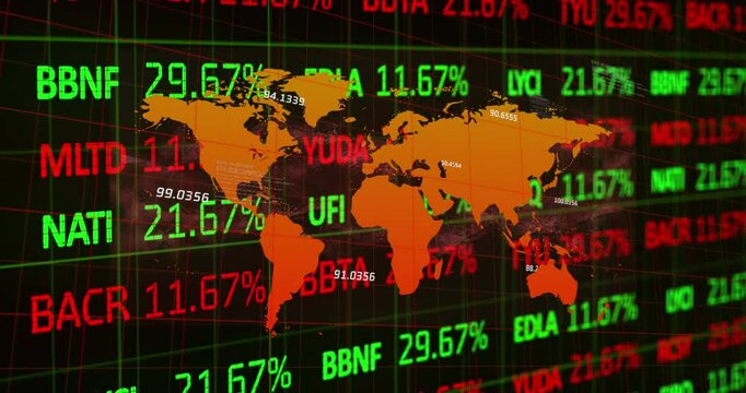 Global stock market data is displayed over a world map