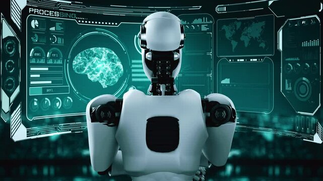 Thinking AI hominoid robot analyzing hologram screen showing concept of AI brain and artificial intelligence thinking by machine learning process. 3D rendering.
