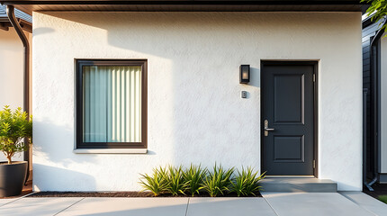 A white stucco building's exterior features a dark gray door, a dark-framed window with light-colored blinds, and landscaping including small green plants.  A dark gray downspout is partially visible.