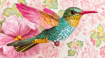Obraz premium Vibrant embroidered hummingbird brooch amidst a floral tapestry