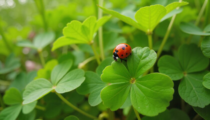  Ladybug resting on clover leaves in natural greenery.
