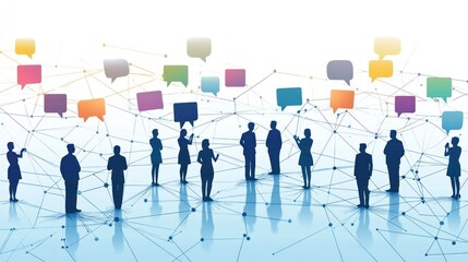 Networked people communicate via colorful speech bubbles.