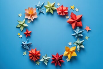 Colorful Origami Stars and Flowers Form a Circle
