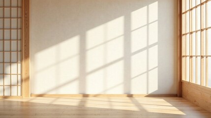 Serene Minimalist Room Interior with Sunlight Streaming Through Shoji Screens and Wooden Floor