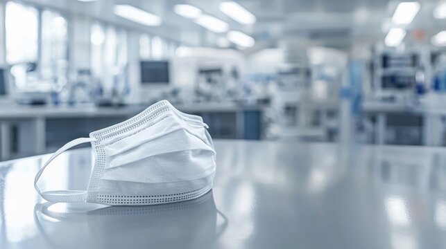 A highly detailed N95 mask resting on a modern laboratory table with scientific equipment in the background, illuminated by soft natural light, with subtle reflections on the surface, minimalistic sty