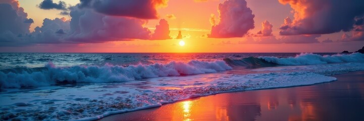 Waves gently lap against the shore as vibrant colors dance across the Indian Ocean's sky during sunset, shore, serene