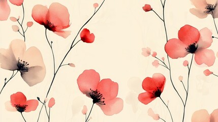 Seamless Watercolor Pattern of Pink and Red Flowers on Pale Gold Background, Minimalist Design, Soft and Elegant Floral Wallpaper