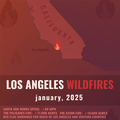 Los Angeles wildfires information vector illustration with map, fire symbol and info for blog, articles, social media. California, january 2025