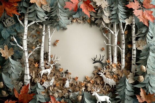 Papercraft Autumn Forest Scene With Deer - Powered by Adobe