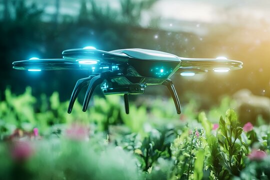 Futuristic Drone Soaring Over Lush Greenery: A Serene Tech Scene