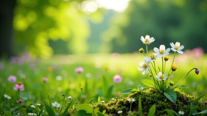 Delicate white wildflowers blossom in a sunlit meadow, surrounded by a vibrant tapestry of greenery and subtly colored blooms, creating a serene and peaceful natural scene.
