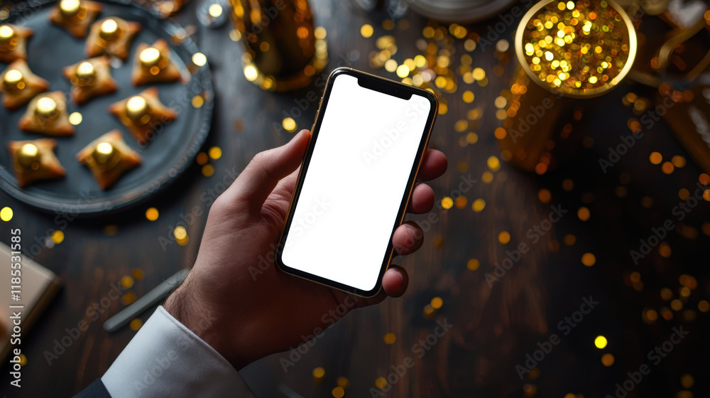 Wall mural A mockup of the phone in the businessman's hand, close-up, top view. The concept of celebrating the Jewish holiday is Purim. The man is holding a cell phone with a white screen. Mobile App