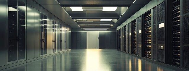 Obraz premium Data Center Corridor: A sleek and modern data center corridor with rows of server racks, showcasing the heart of digital infrastructure. The cool.