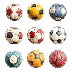 Collection of nine worn-out soccer balls in various colors isolated on transparent background.